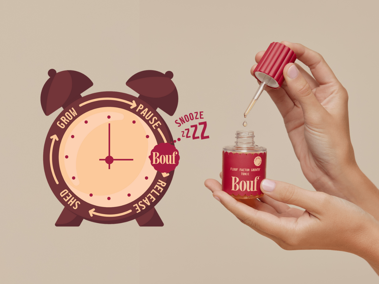 Hand holding a bottle of Bouf growth tonic with an illustration of a clock on a beige background.