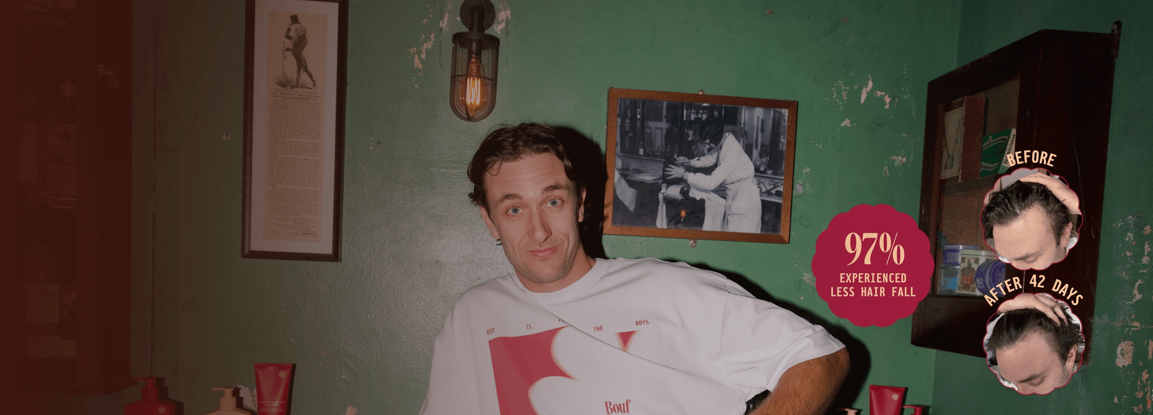 Man with Bouf Shirt with images next to him showing results from using Bouf after 42 days.